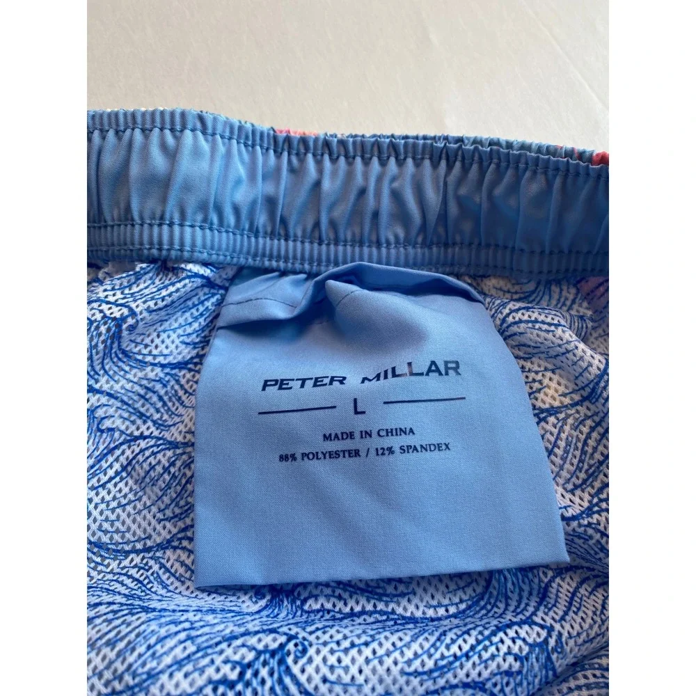 Peter Millar Mens Tropical Cocktail Print Swim Trunks Blue Pink Floral Large